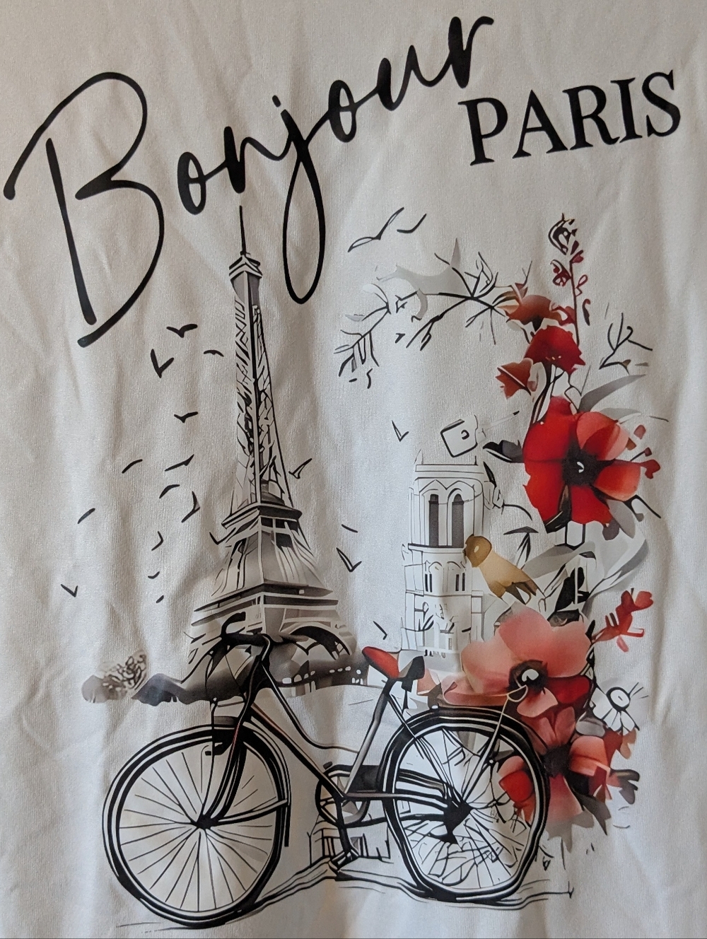 New Bonjour Paris Floral Bicycle White Graphic Long-Sleeve Top Sz.XXL - Picture 4 of 5